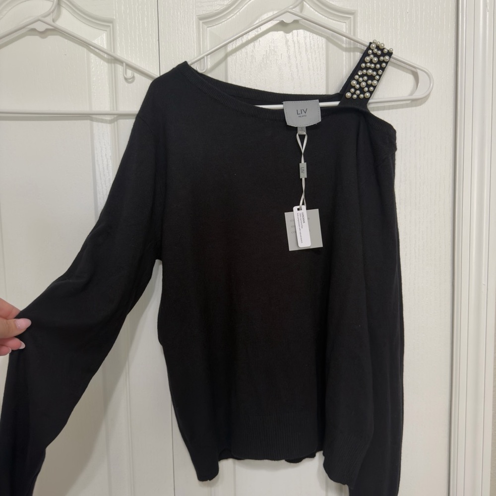 Black One-Shoulder Sweater with Pearl Detail